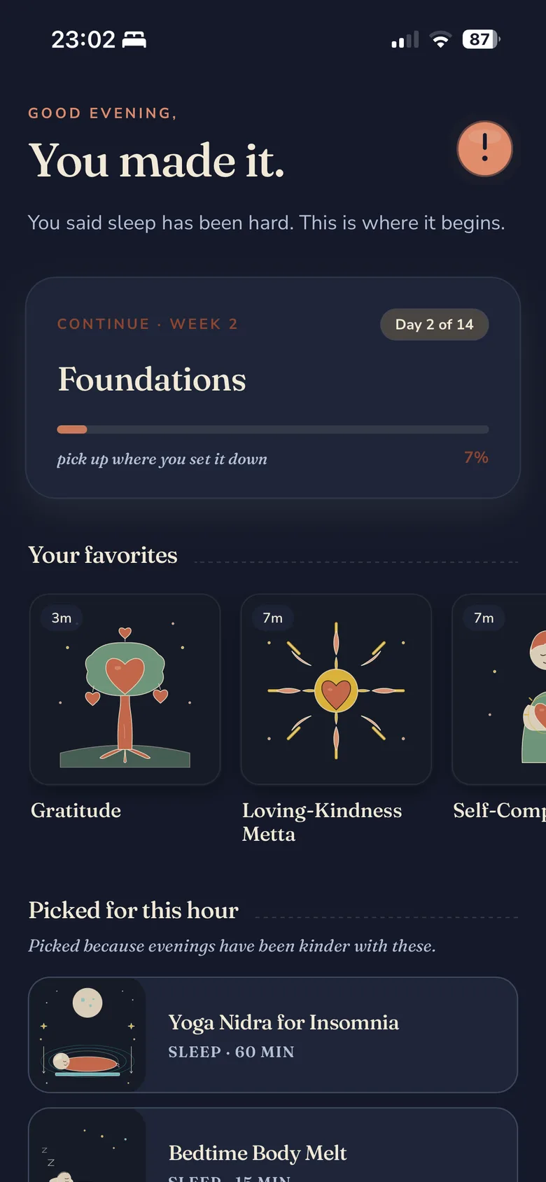 Stillee's home screen on iPhone, headed 'Take a breath.' with a quiet note that sleep has been hard, a Continue card for the Foundations program at Week 2 Day 2, a 'Your favorites' row with Gratitude and Loving-Kindness Metta, and a 'Picked for this hour' suggestion.