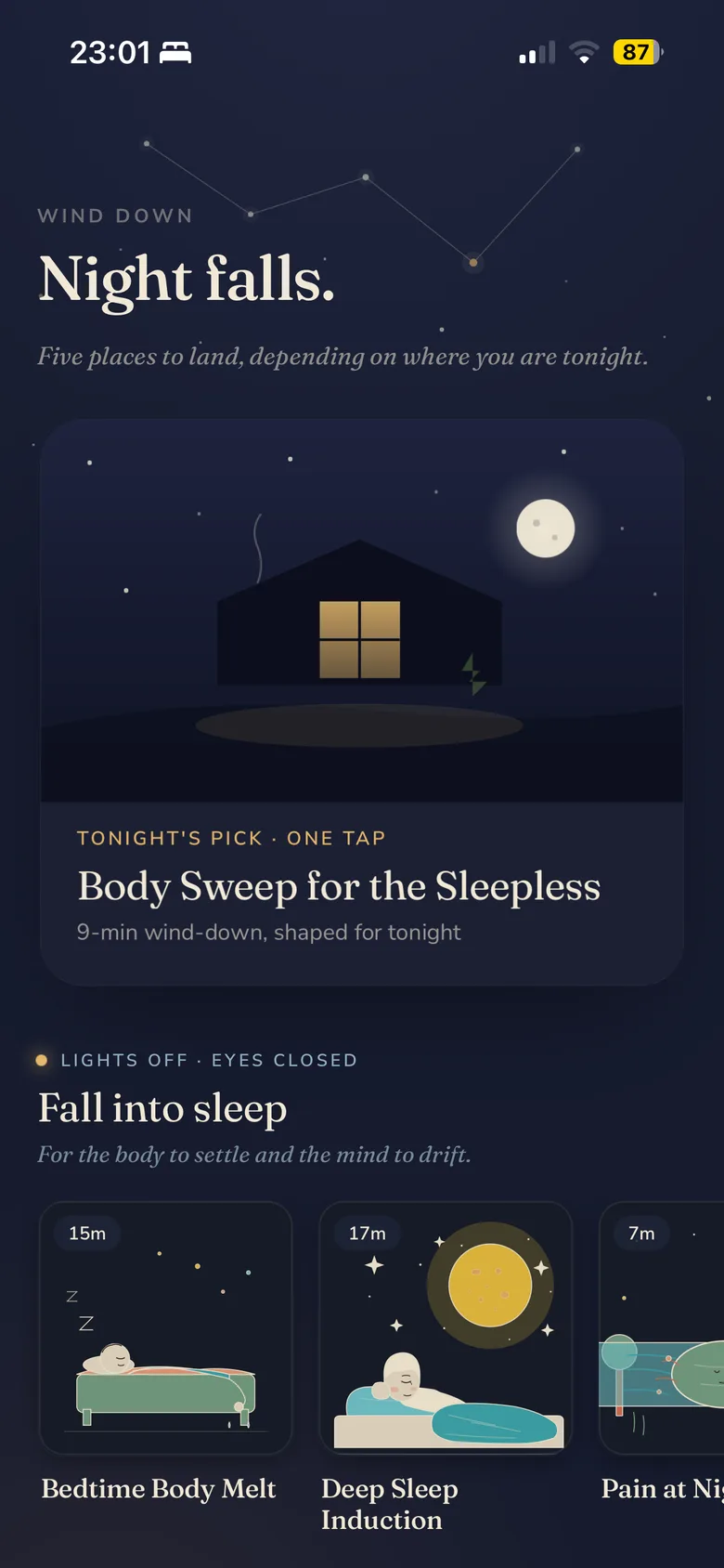 Stillee's sleep screen on iPhone, eyebrow 'WIND DOWN' and title 'Night falls.', a 'Tonight's pick' card for the 9-minute 'Body Sweep for the Sleepless' over a moonlit house illustration, and a row of fall-into-sleep tracks below.