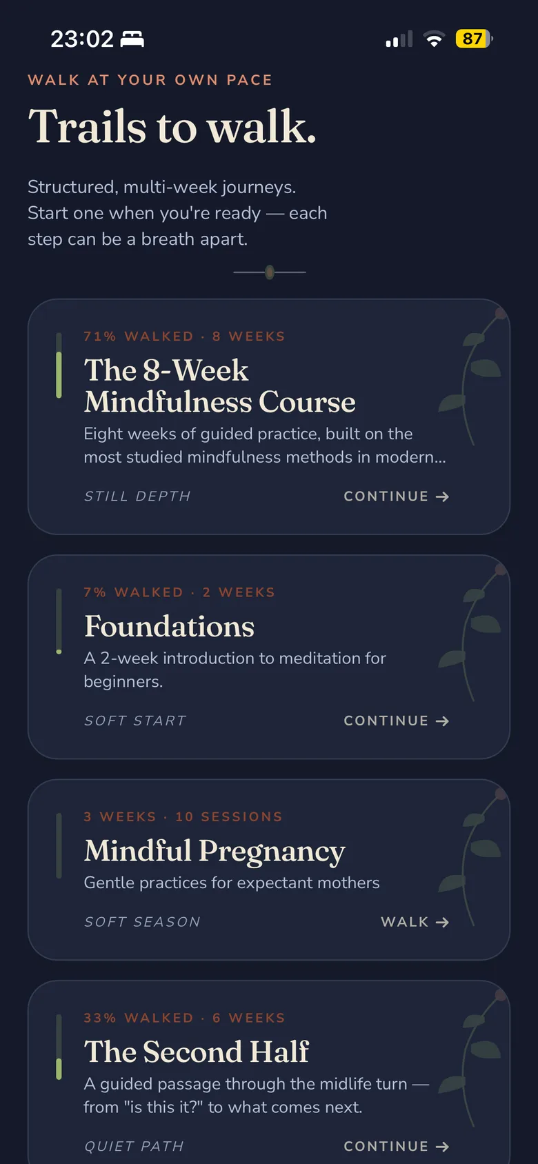 Stillee's programs screen on iPhone, showing the eight-week MBSR course and the other multi-week programs Premium unlocks.