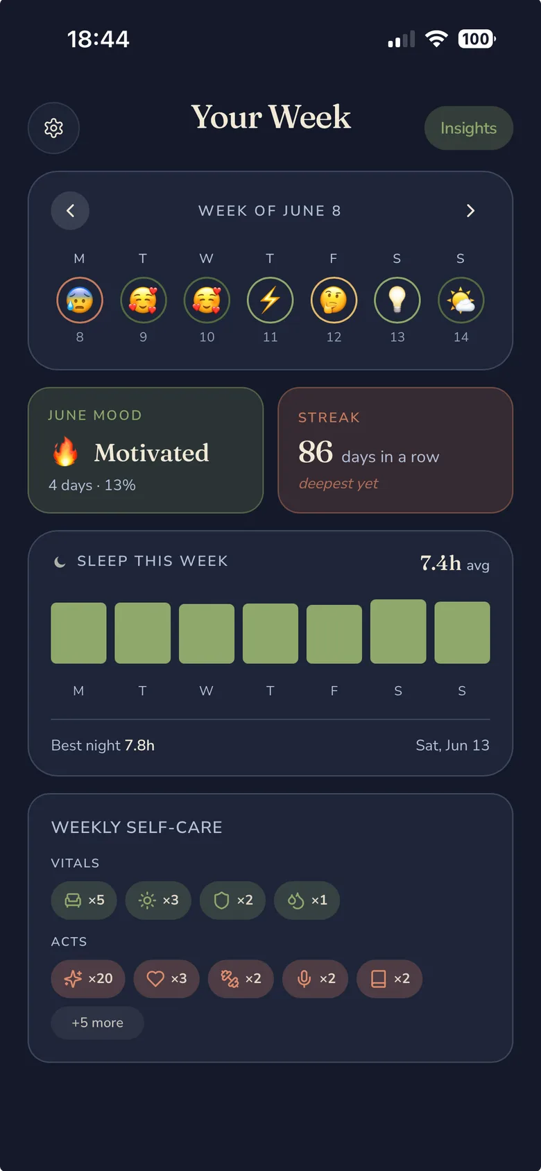 Stillee's 'Your Week' screen on iPhone showing mood emojis for the past seven days, a quiet streak counter, a weekly sleep chart averaging 7.6h, and a quiet self-care summary.