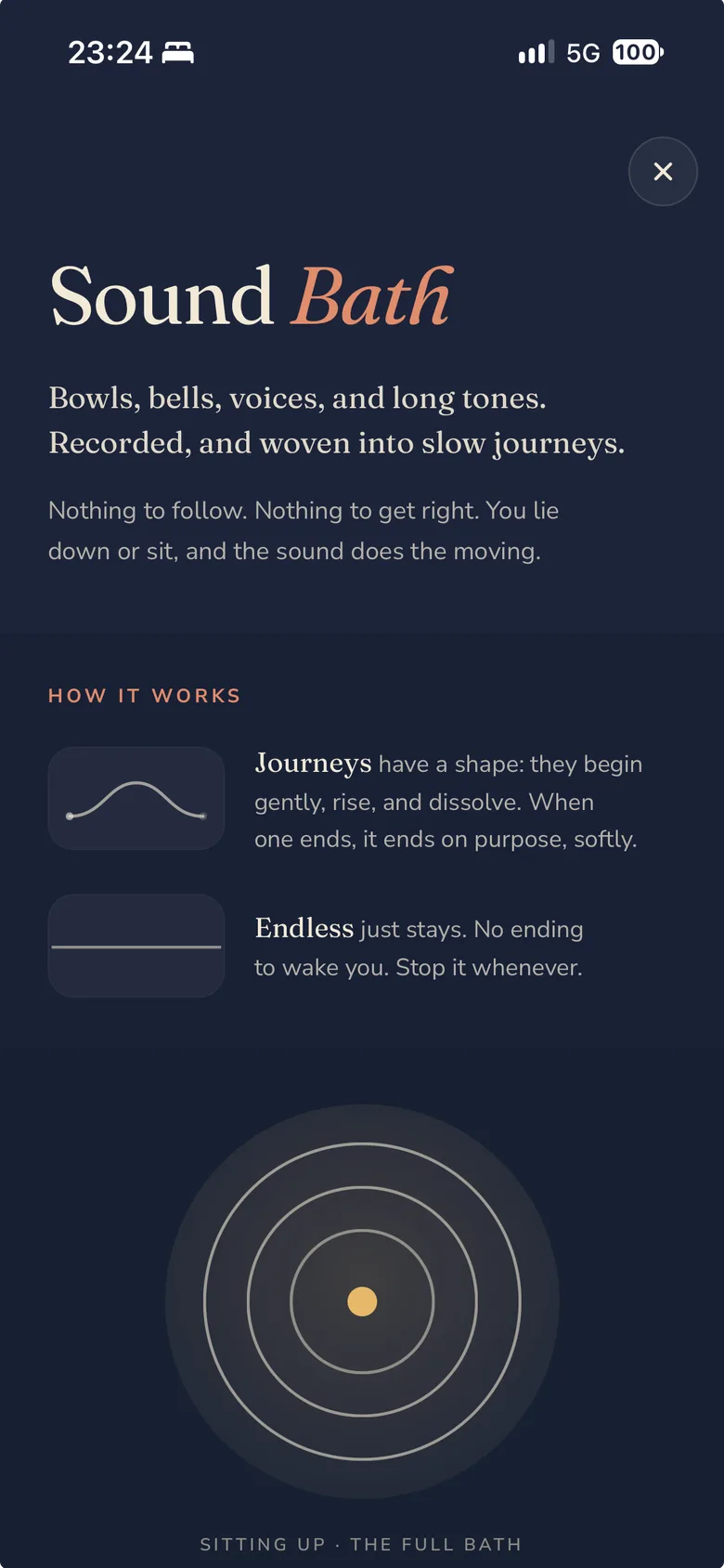 Stillee's Sound Bath screen on iPhone: the title over a night sky, an intro reading 'Bowls, bells, voices, and long tones. Recorded, and woven into slow journeys.', a How it works section contrasting Journeys, which end softly on purpose, with Endless, which just stays, and a large illustration of concentric bowl rings around a small gold centre.